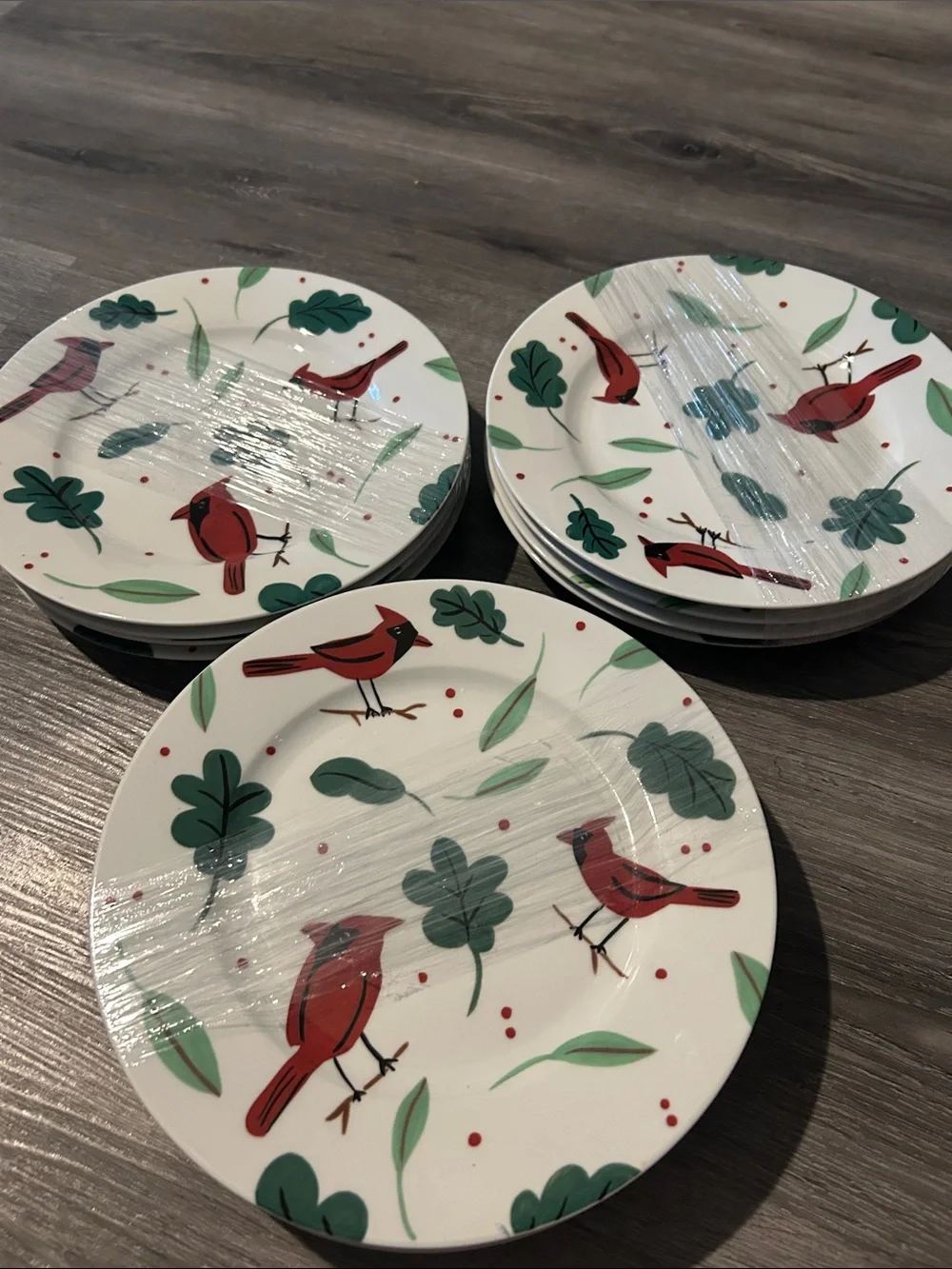 Red Cardinal Salad Plates with Green Leaf Pattern - 12 pieces